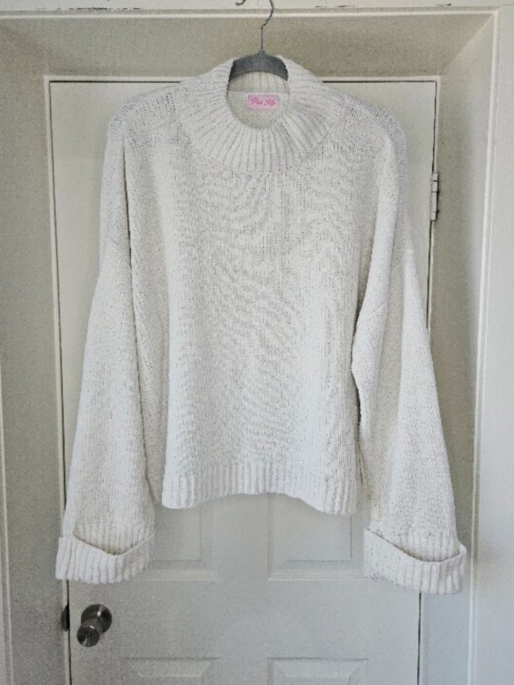 Pink lily white open knit mock neck long sleeve boxy sweater soft large coquette